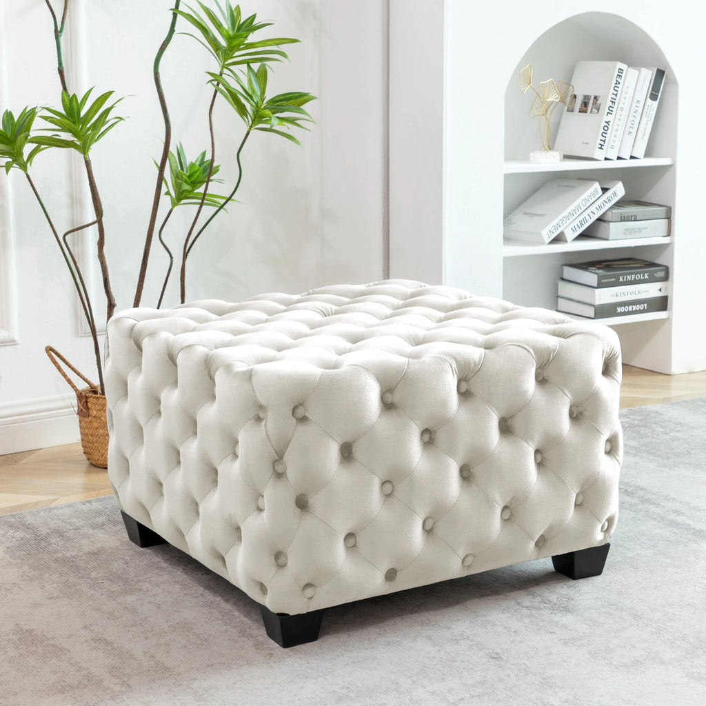 Black Velvet Tufted Square Ottoman with Rubberwood Legs A304049