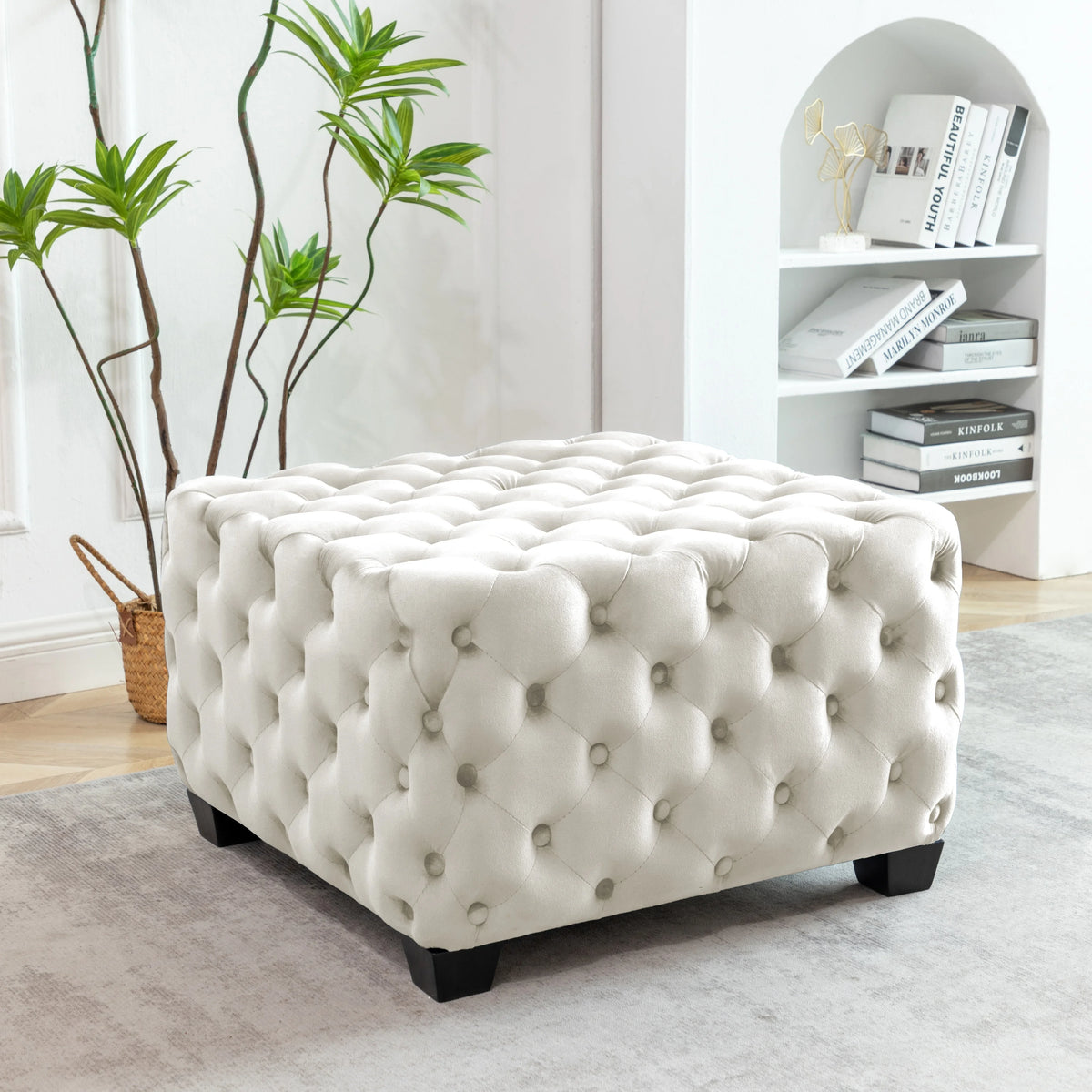 Black Velvet Tufted Square Ottoman with Rubberwood Legs A304049