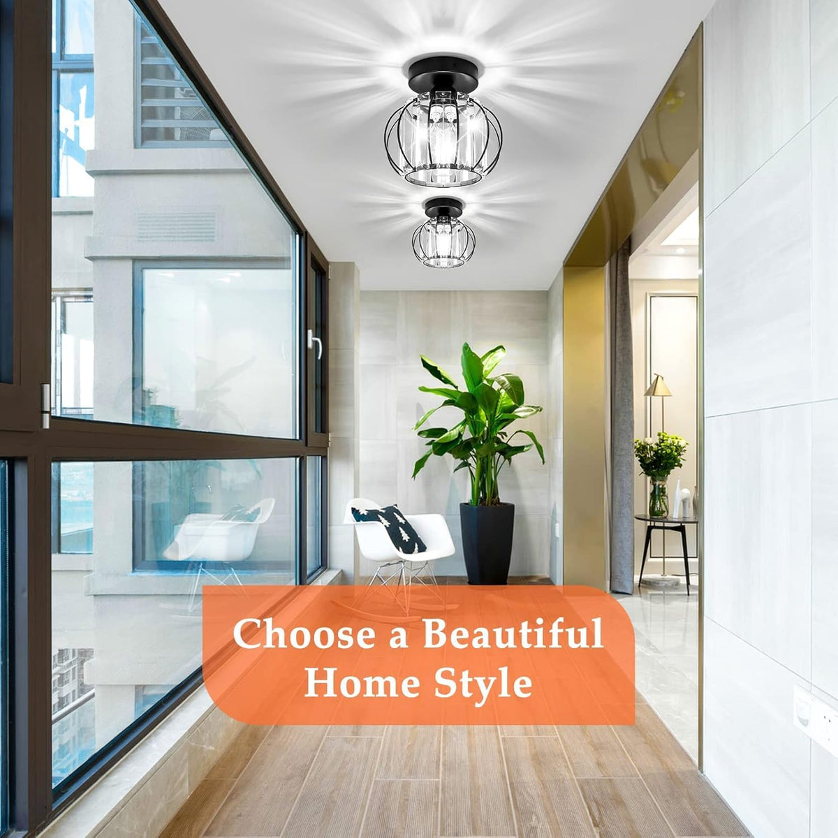 2-Pack Semi Flush Mount Ceiling Light Fixtures Small Crystal Black Metal Cage Indoor Z217