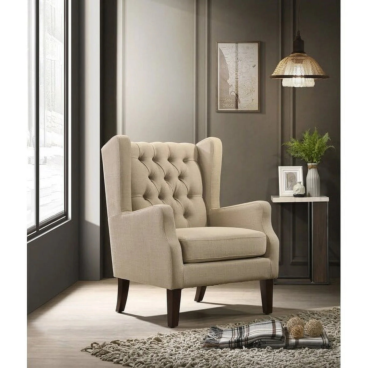 Linen Button Tufted Wingback Chair Blue O259125