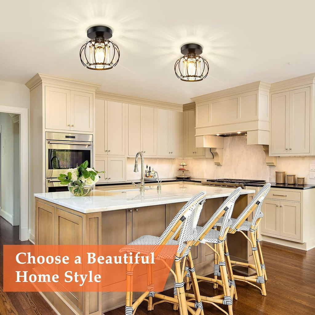 2-Pack Semi Flush Mount Ceiling Light Fixtures Small Crystal Black Metal Cage Indoor Z217