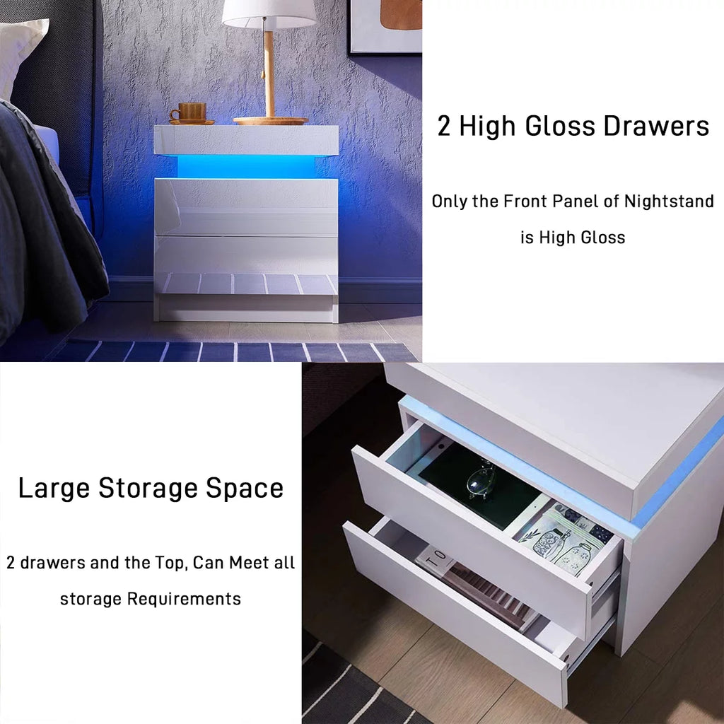 White 2 Drawer High Gloss Nightstand with LED Light G95861