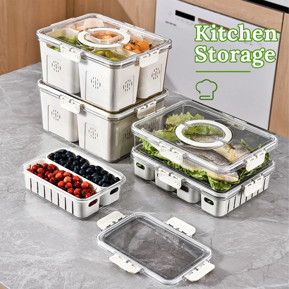 Storage Containers with Lid and Handle, 4 Removable Colanders N88577
