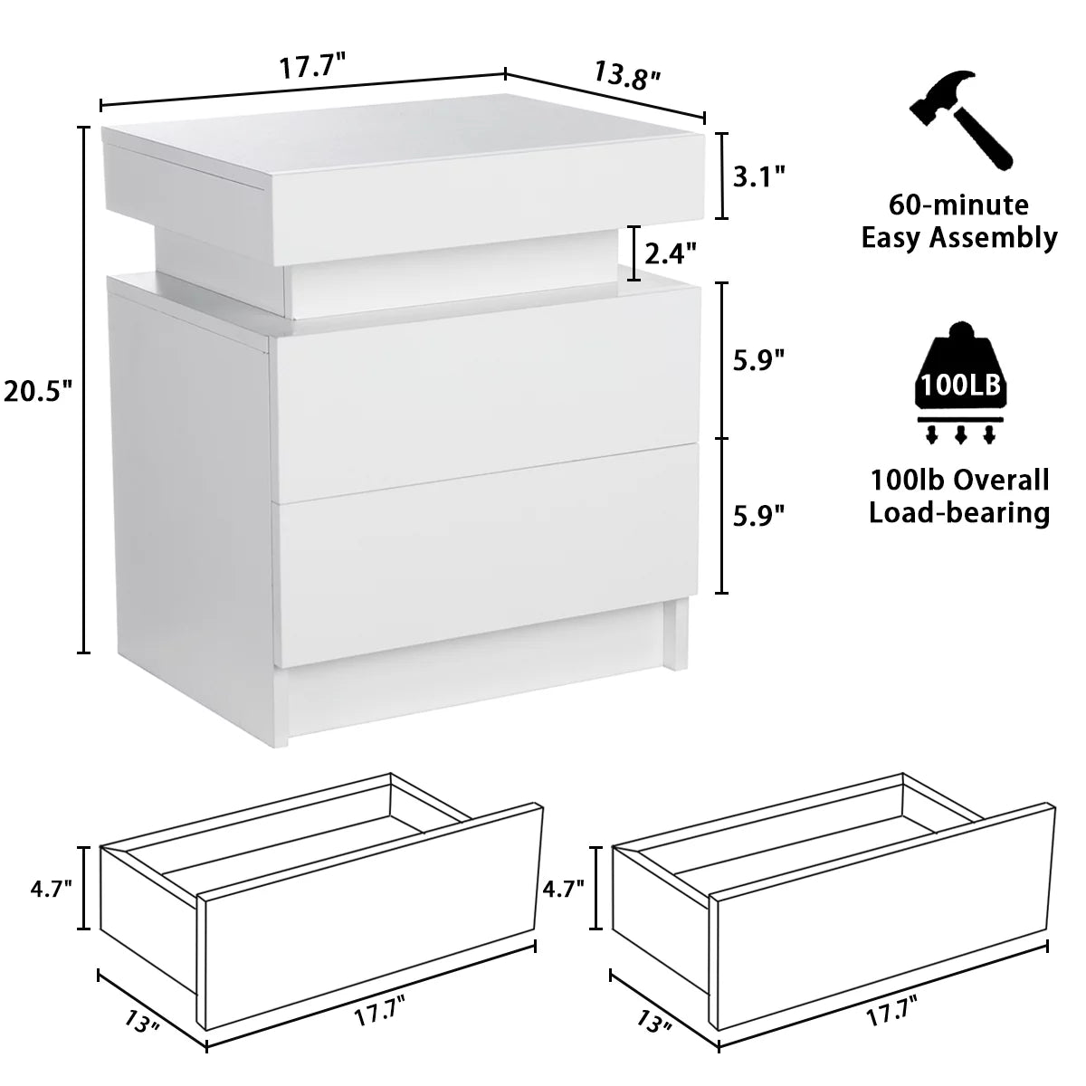 White 2 Drawer High Gloss Nightstand with LED Light G95861