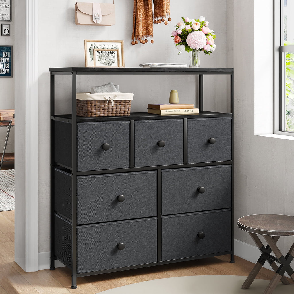 Pink 7 Drawer Fabric Dresser with Wood Shelves W860959