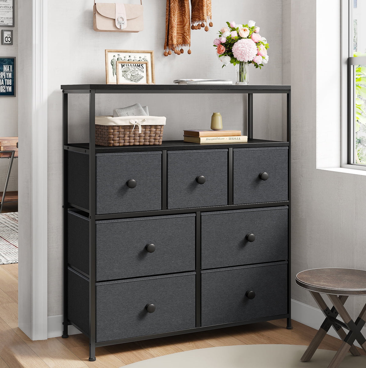 Pink 7 Drawer Fabric Dresser with Wood Shelves W860959