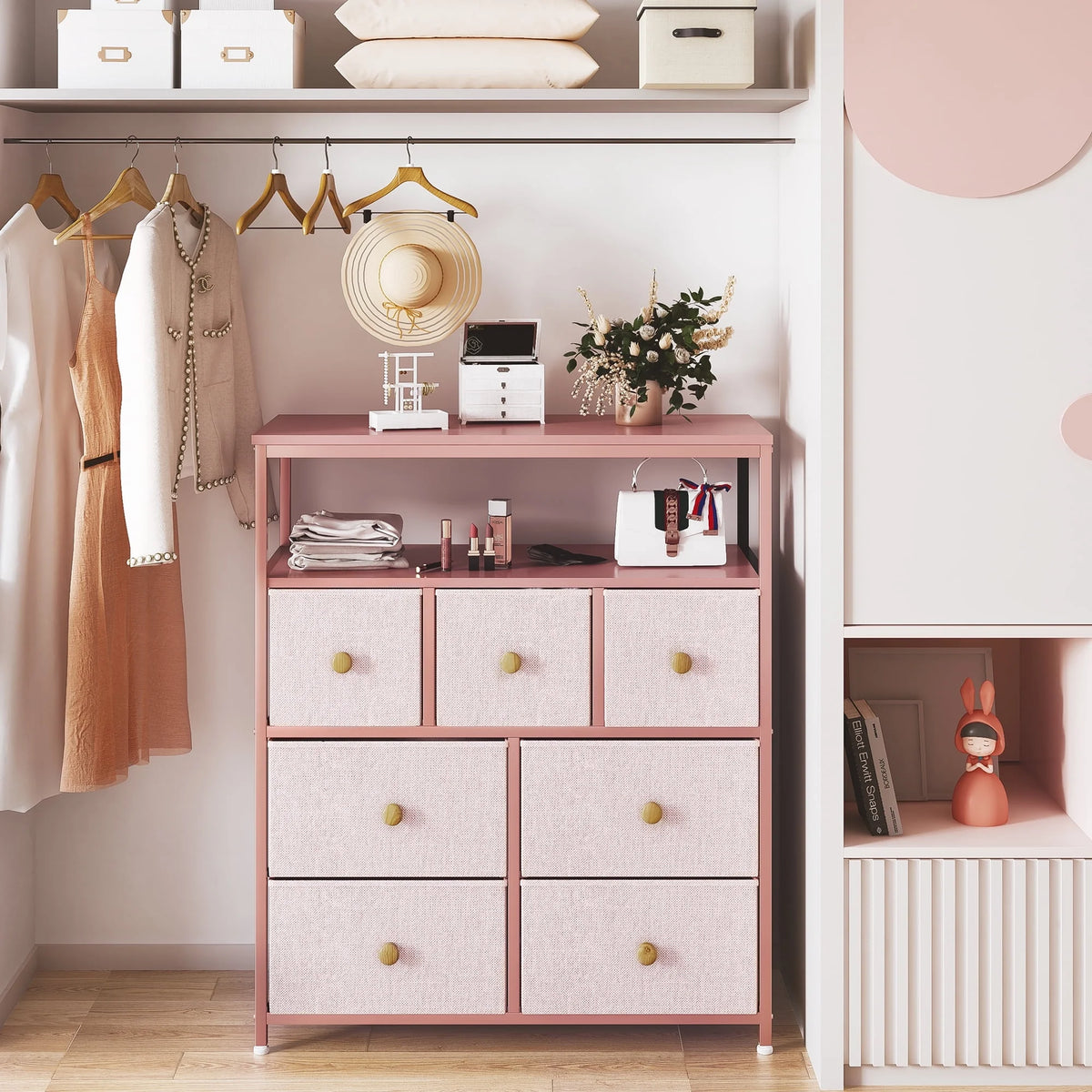 Pink 7 Drawer Fabric Dresser with Wood Shelves W860959