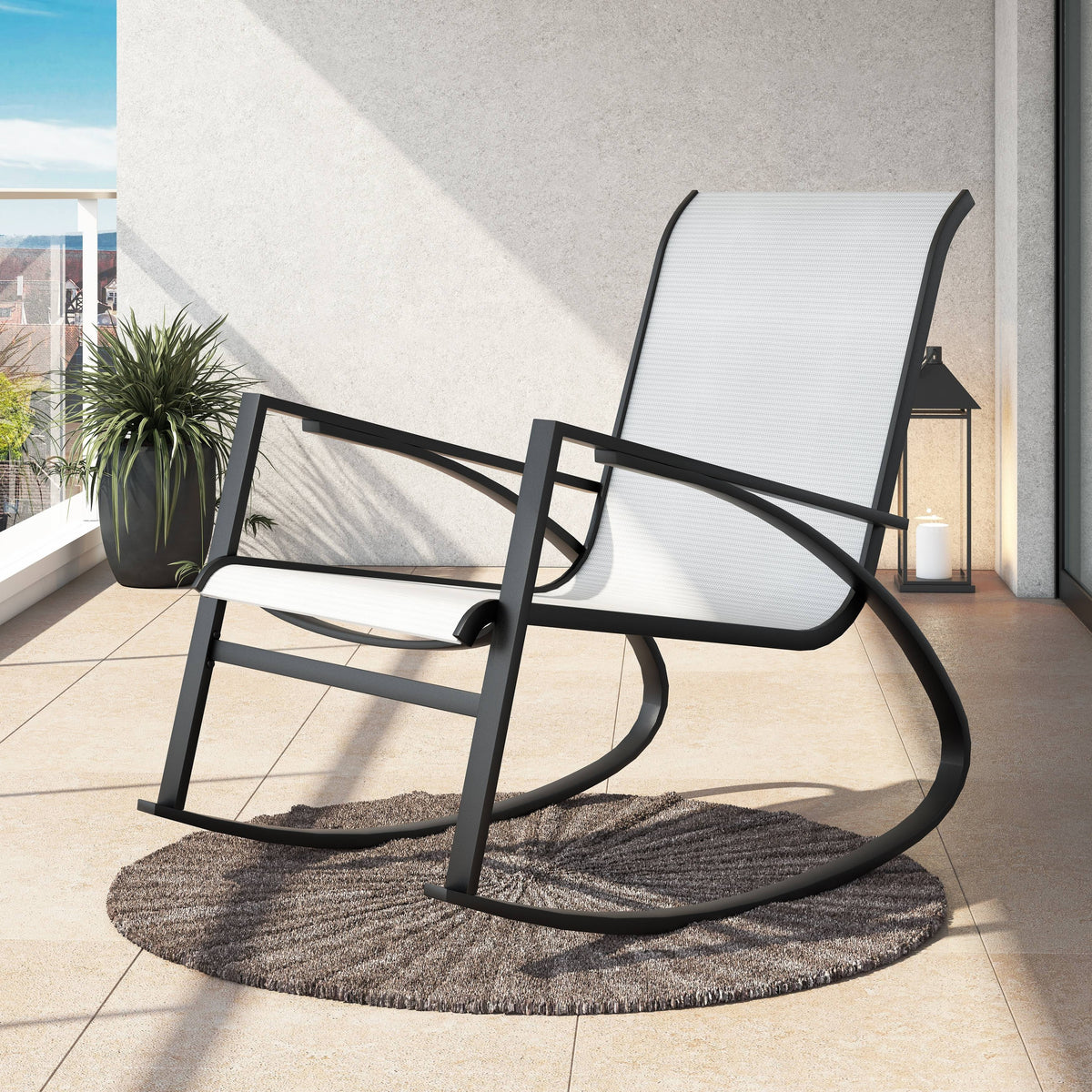 Grey Stripe Sling Fabric Rocking Chair Y9491