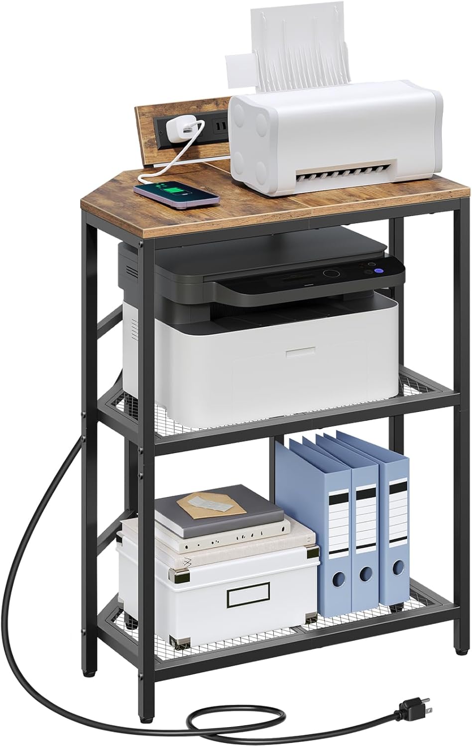 Rustic Brown 3-Tier Metal Frame Printer Stand with Storage Shelf M430