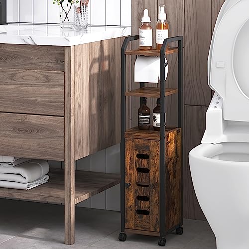 Black Bathroom Storage Cabinet with 4 Wheels and Adjustable Shelf E95059