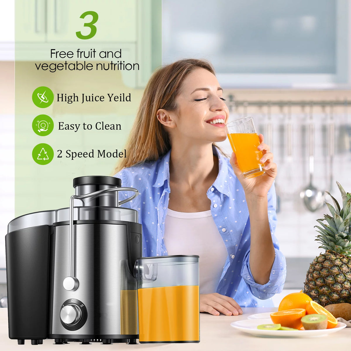 Stainless Steel Compact Centrifugal Juicer with 3'' Wide Mouth K489