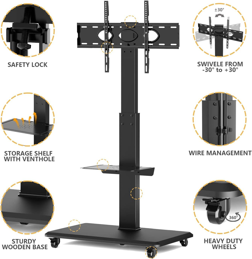 Rolling TV Stand with Wheels and Swivel Mount for 37 inch-70 inch LCD LED Flat Panel Screen TV, Portable Mobile TV Cart with Shelf, Height Adjustable, Max VESA 600x400mm C84733