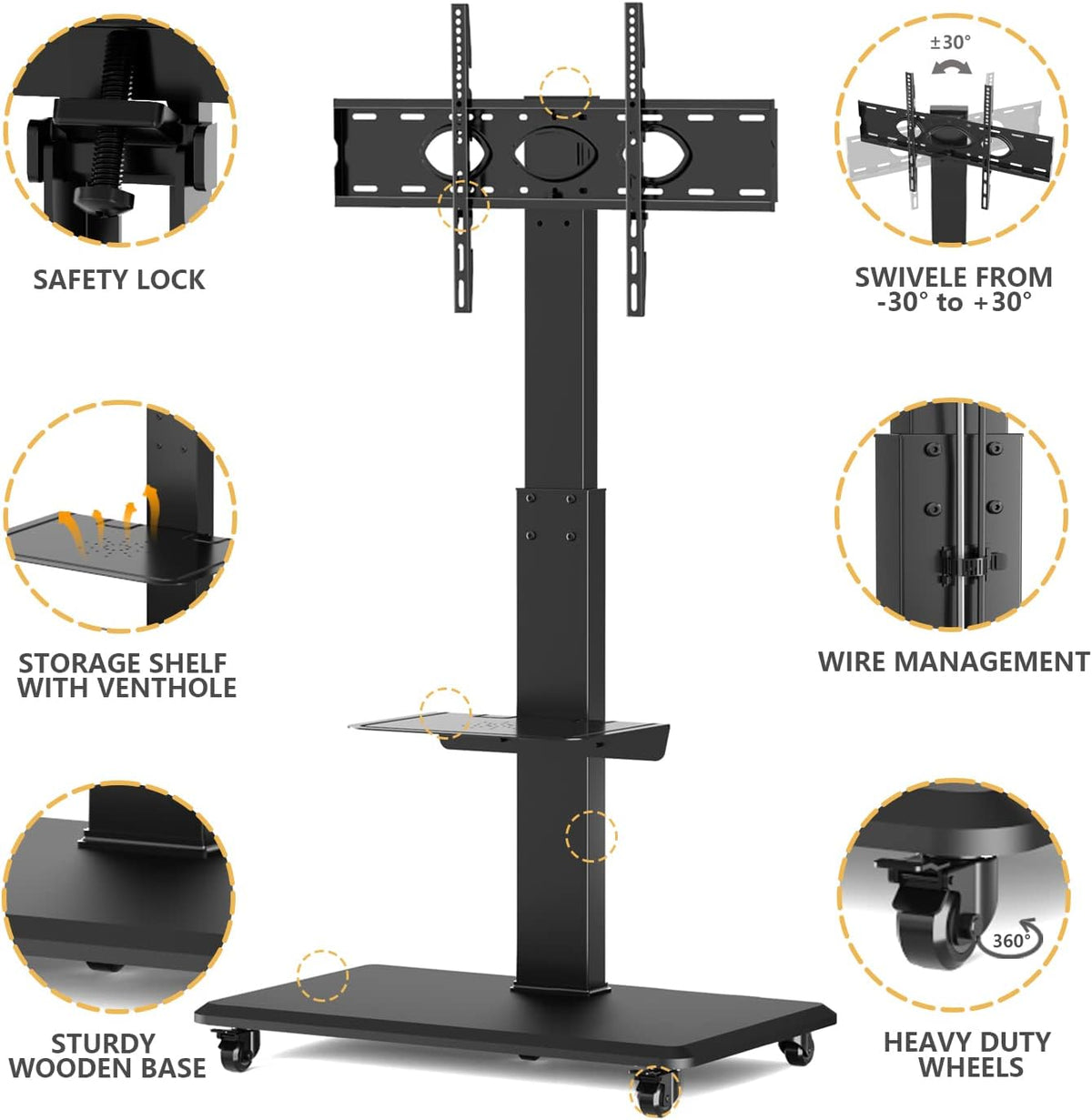 Rolling TV Stand with Wheels and Swivel Mount for 37 inch-70 inch LCD LED Flat Panel Screen TV, Portable Mobile TV Cart with Shelf, Height Adjustable, Max VESA 600x400mm C84733