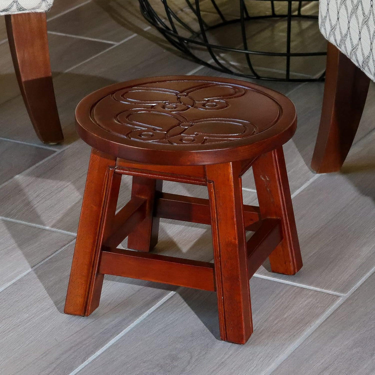 Antique White Carved Wooden Step Stool B53489