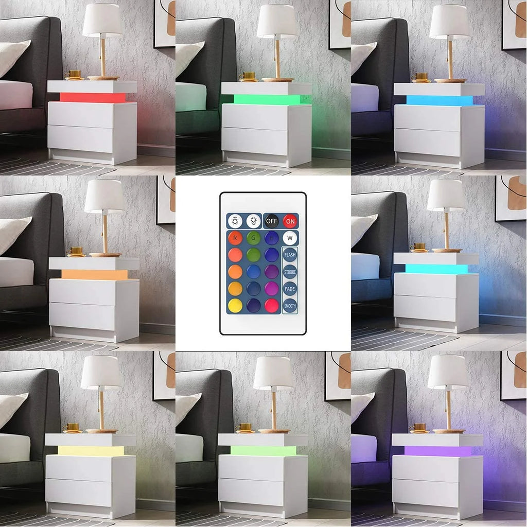 White 2 Drawer High Gloss Nightstand with LED Light G95861
