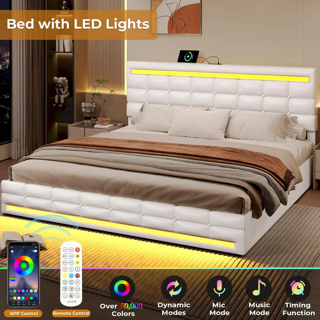 King Size White LED Bed Frame with USB Ports and Storage Drawers G3484
