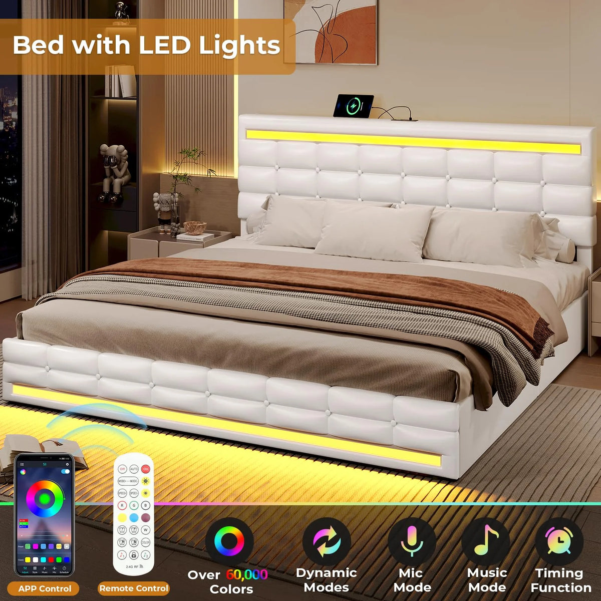 King Size White LED Bed Frame with USB Ports and Storage Drawers G3484