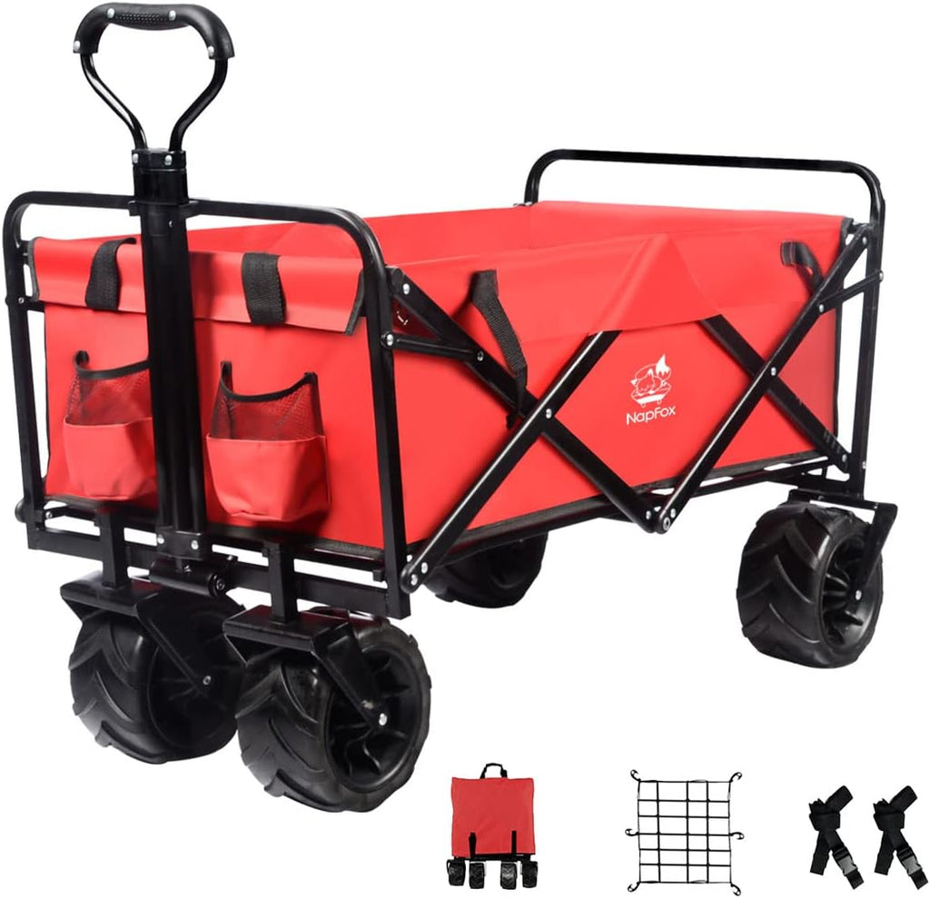 Red Heavy Duty Folding Beach Wagon Cart with Universal Wheels Adjustable Handle M6609