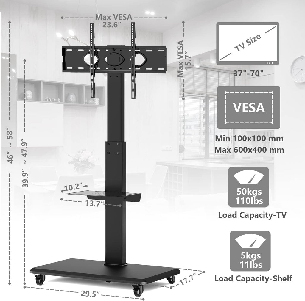 Rolling TV Stand with Wheels and Swivel Mount for 37 inch-70 inch LCD LED Flat Panel Screen TV, Portable Mobile TV Cart with Shelf, Height Adjustable, Max VESA 600x400mm C84733