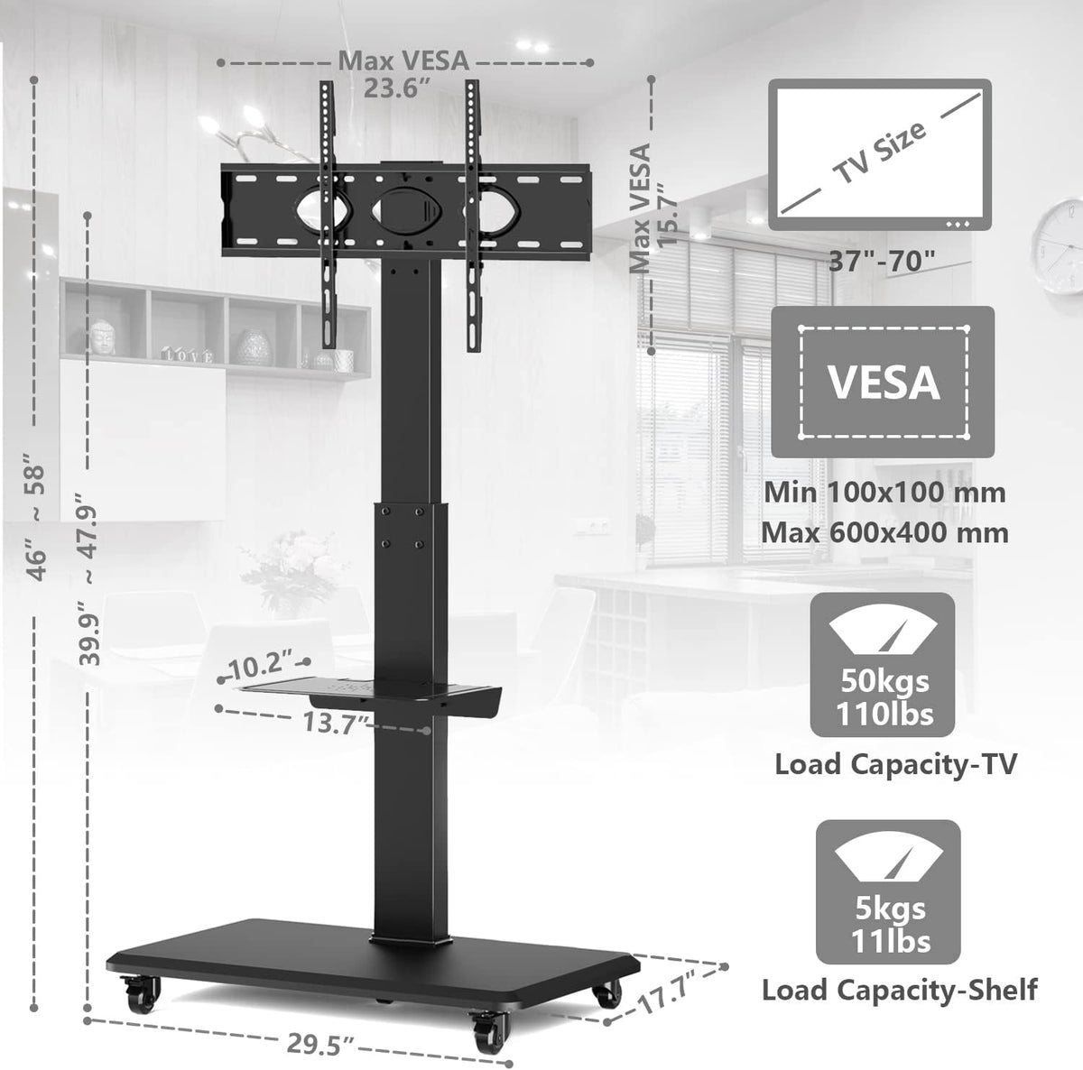 Rolling TV Stand with Wheels and Swivel Mount for 37 inch-70 inch LCD LED Flat Panel Screen TV, Portable Mobile TV Cart with Shelf, Height Adjustable, Max VESA 600x400mm C84733