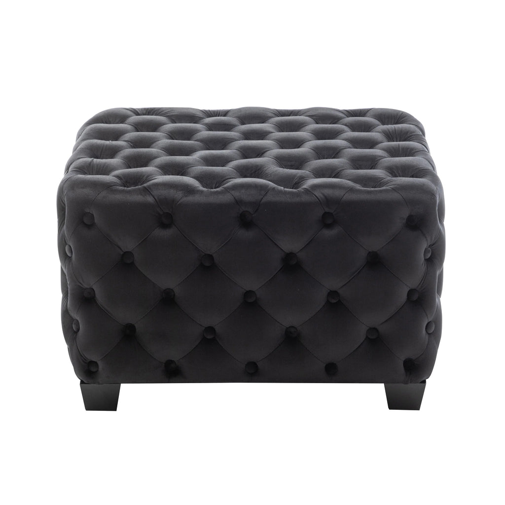 Black Velvet Tufted Square Ottoman with Rubberwood Legs A304049