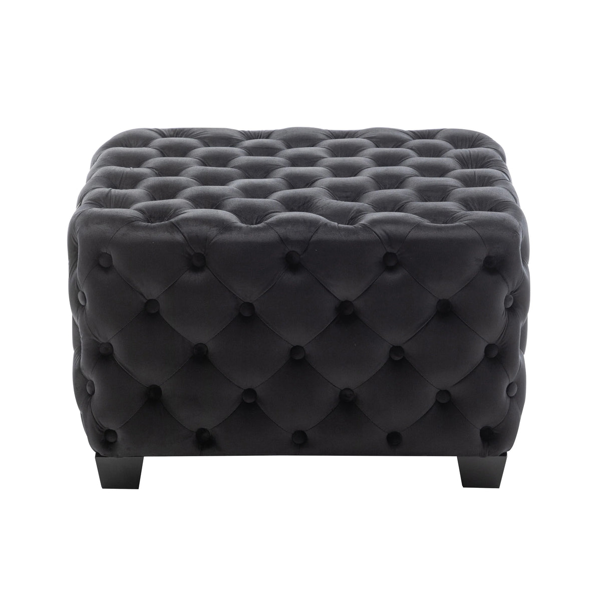 Black Velvet Tufted Square Ottoman with Rubberwood Legs A304049