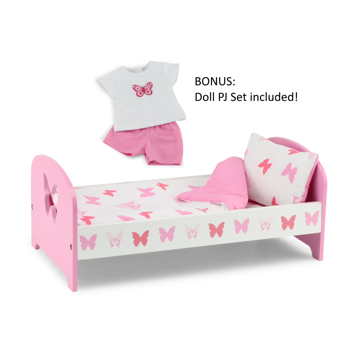 18 Inch Doll Bed with Matching Doll PJs Pajamas and 3 Piece Reversible Doll Bedding Set B3511