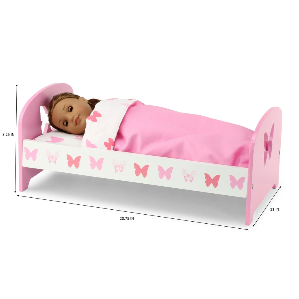18 Inch Doll Bed with Matching Doll PJs Pajamas and 3 Piece Reversible Doll Bedding Set B3511