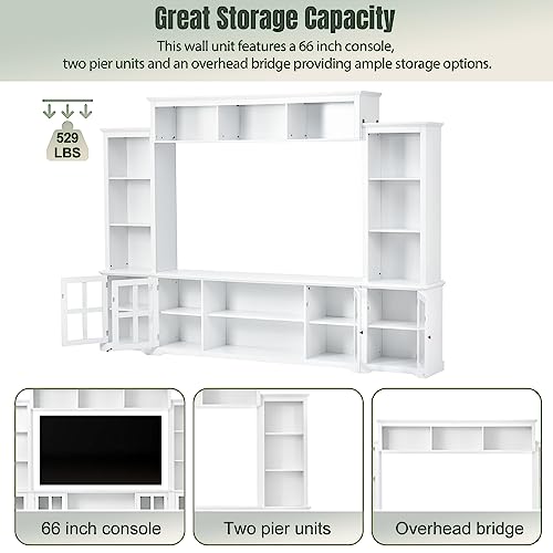 White 104" Wide Entertainment Wall Unit with Storage Cabinets and Shelves D2519