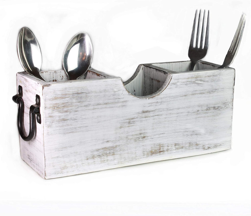 White Wood Silverware Holder Caddy L64019