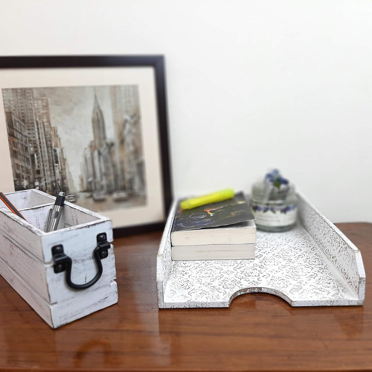 White Wood Silverware Holder Caddy L64019