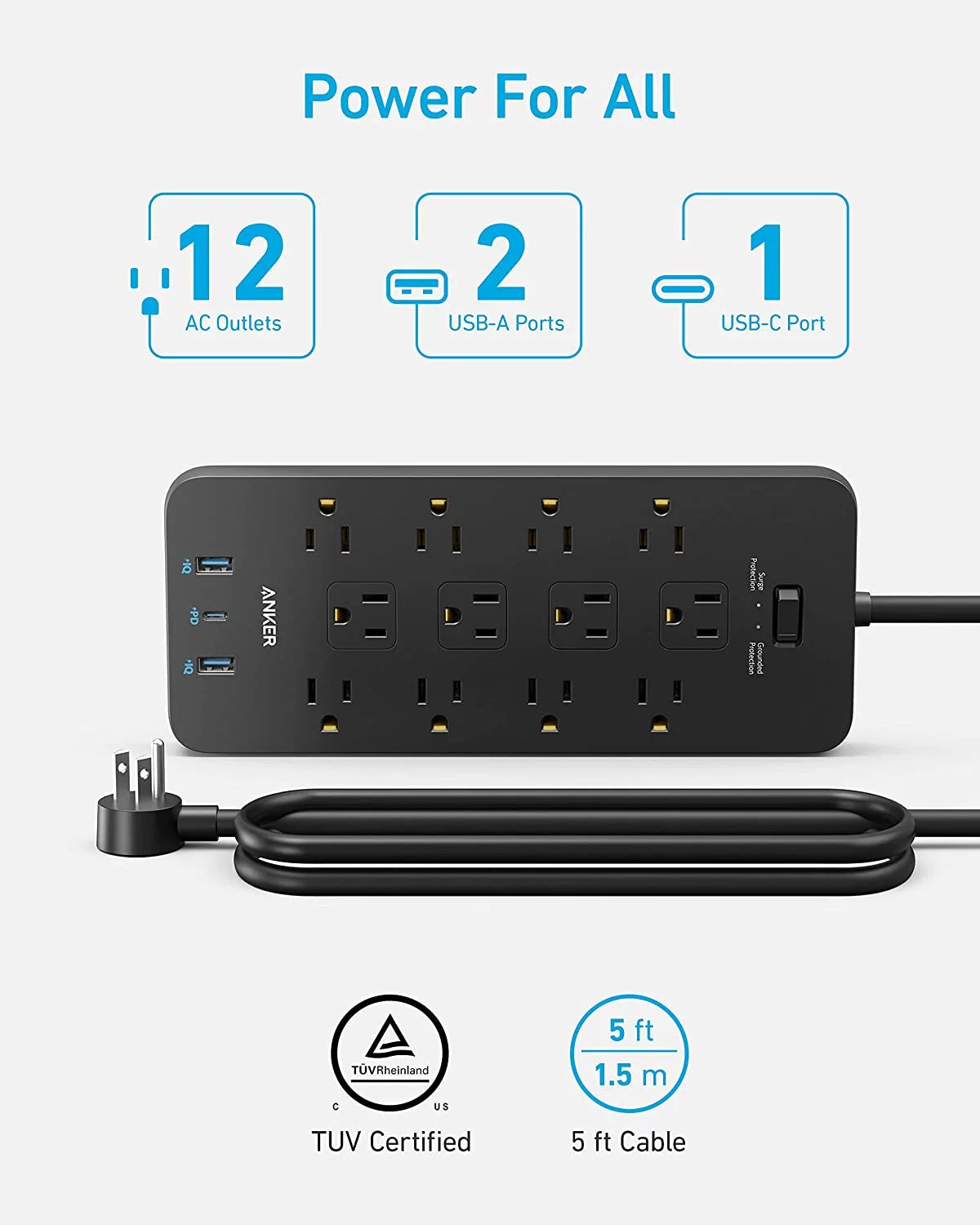Power Strip Surge Protector 12 Outlets 2 USB A 1 USB C 5ft Extension Cord Y6248