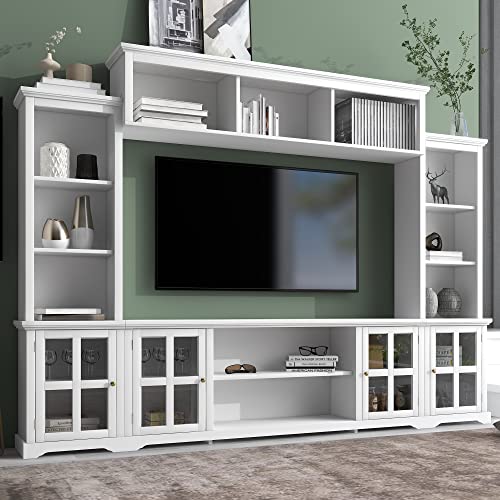 White 104" Wide Entertainment Wall Unit with Storage Cabinets and Shelves D2519