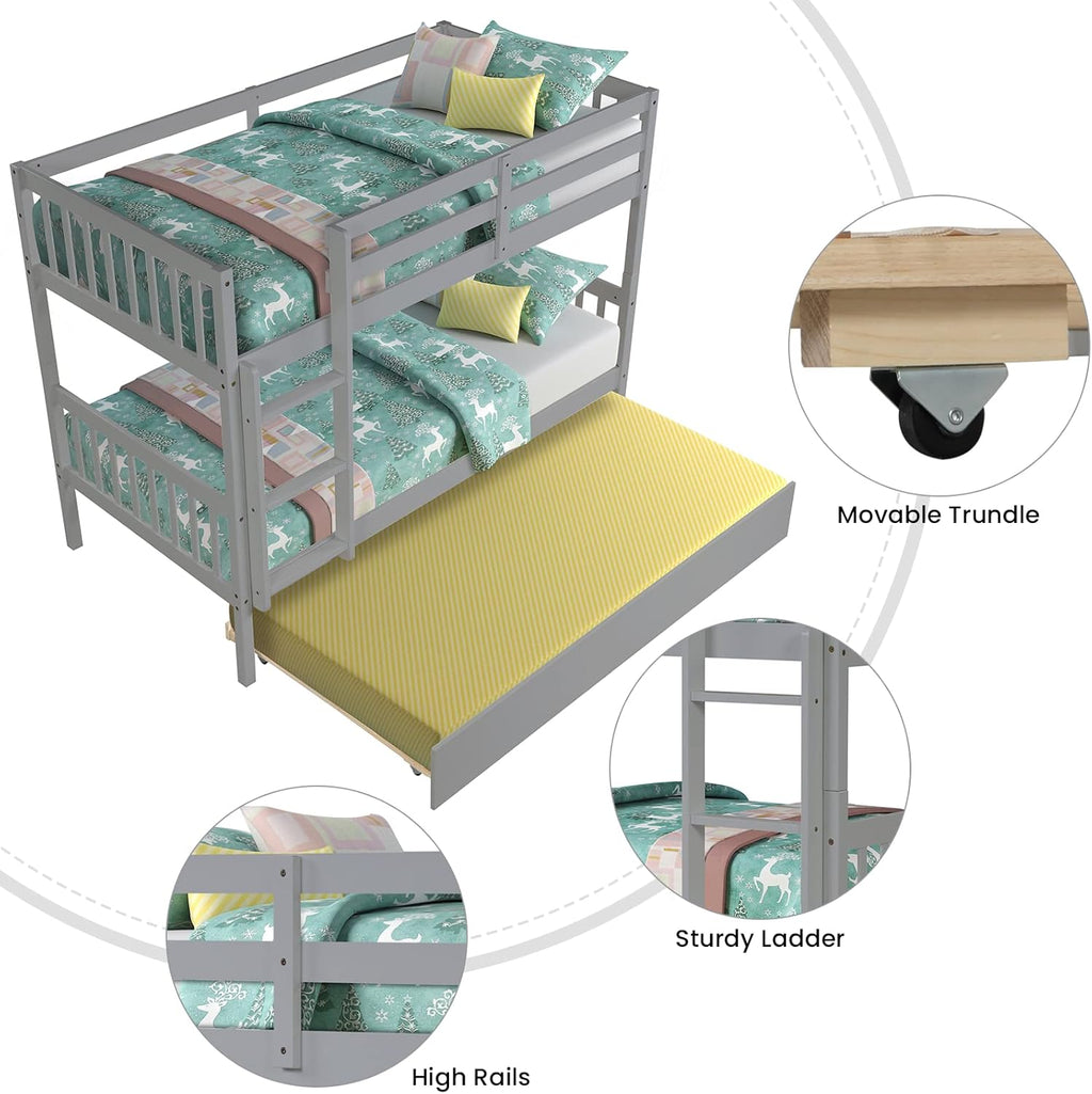 Twin Over Twin Solid Wood Bunk Beds with Trundle and Safety Rail and Ladder S9852