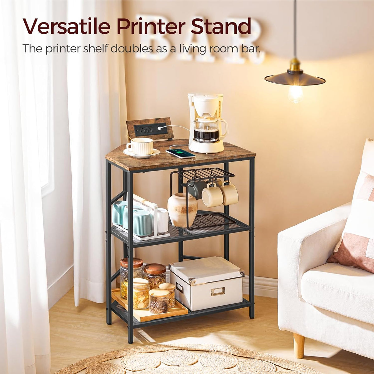 Rustic Brown 3-Tier Metal Frame Printer Stand with Storage Shelf M430