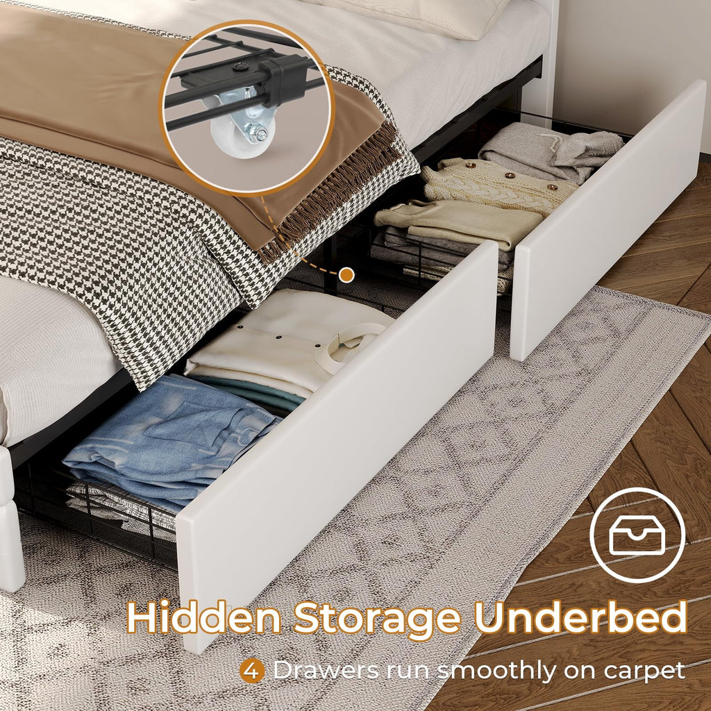 King Size White LED Bed Frame with USB Ports and Storage Drawers G3484