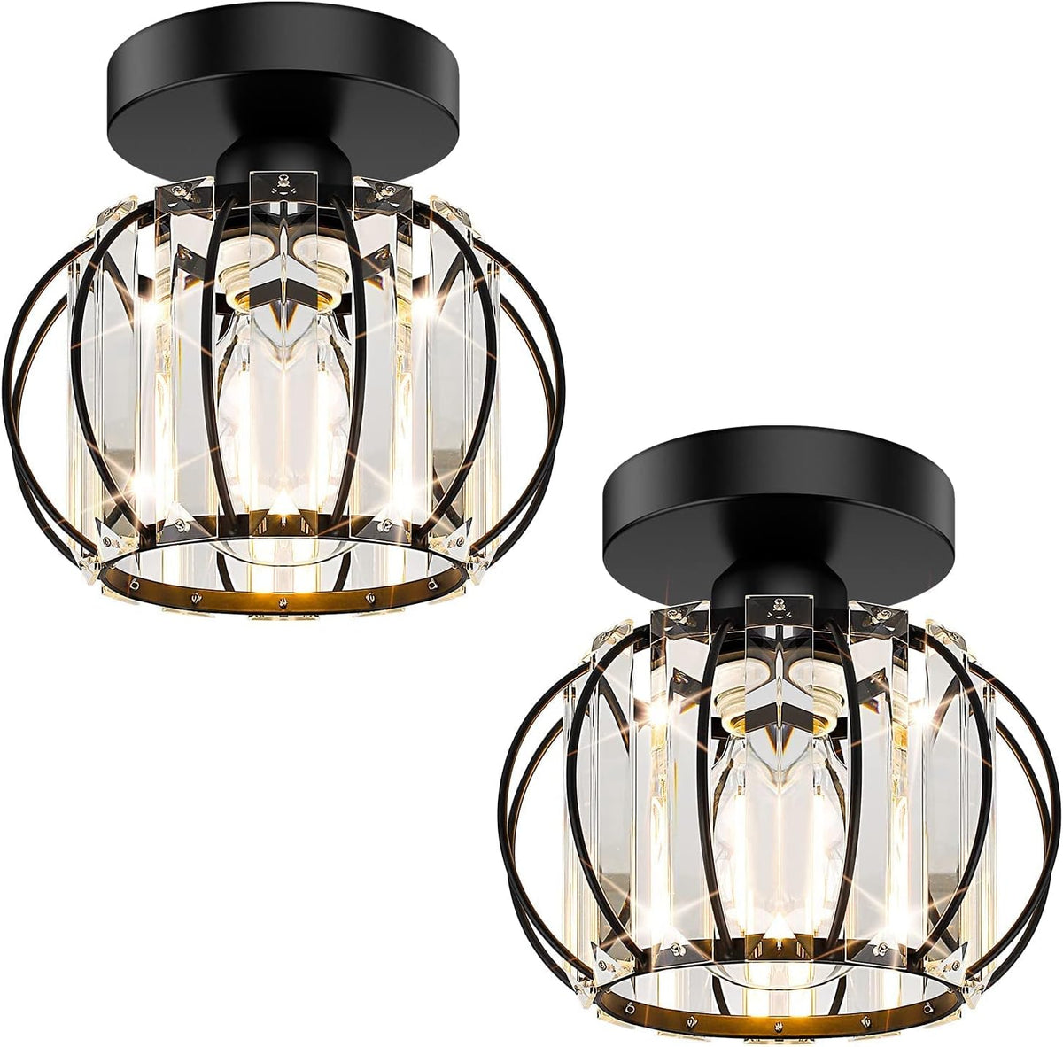 2-Pack Semi Flush Mount Ceiling Light Fixtures Small Crystal Black Metal Cage Indoor Z217