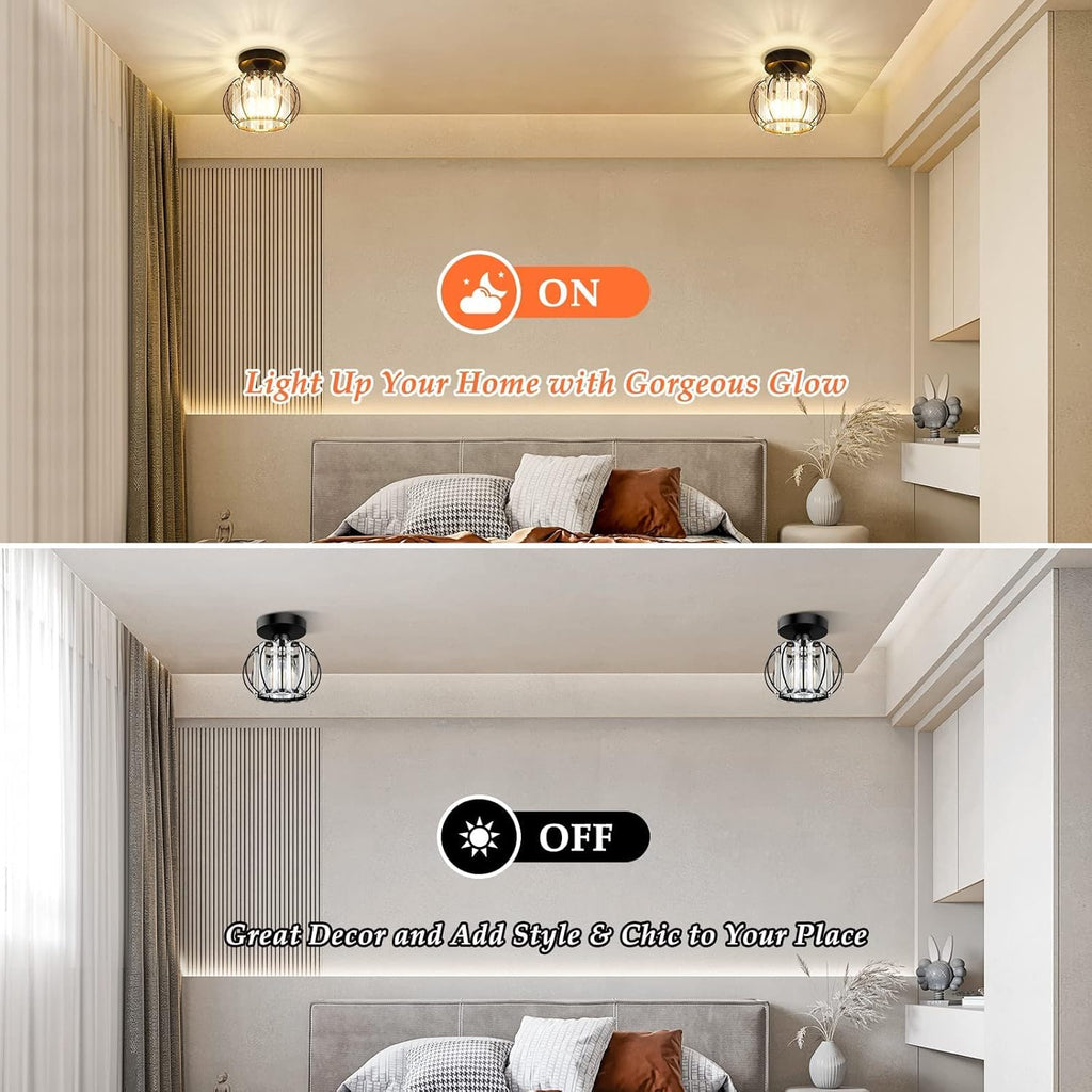 2-Pack Semi Flush Mount Ceiling Light Fixtures Small Crystal Black Metal Cage Indoor Z217