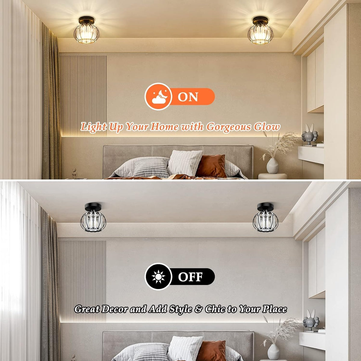 2-Pack Semi Flush Mount Ceiling Light Fixtures Small Crystal Black Metal Cage Indoor Z217