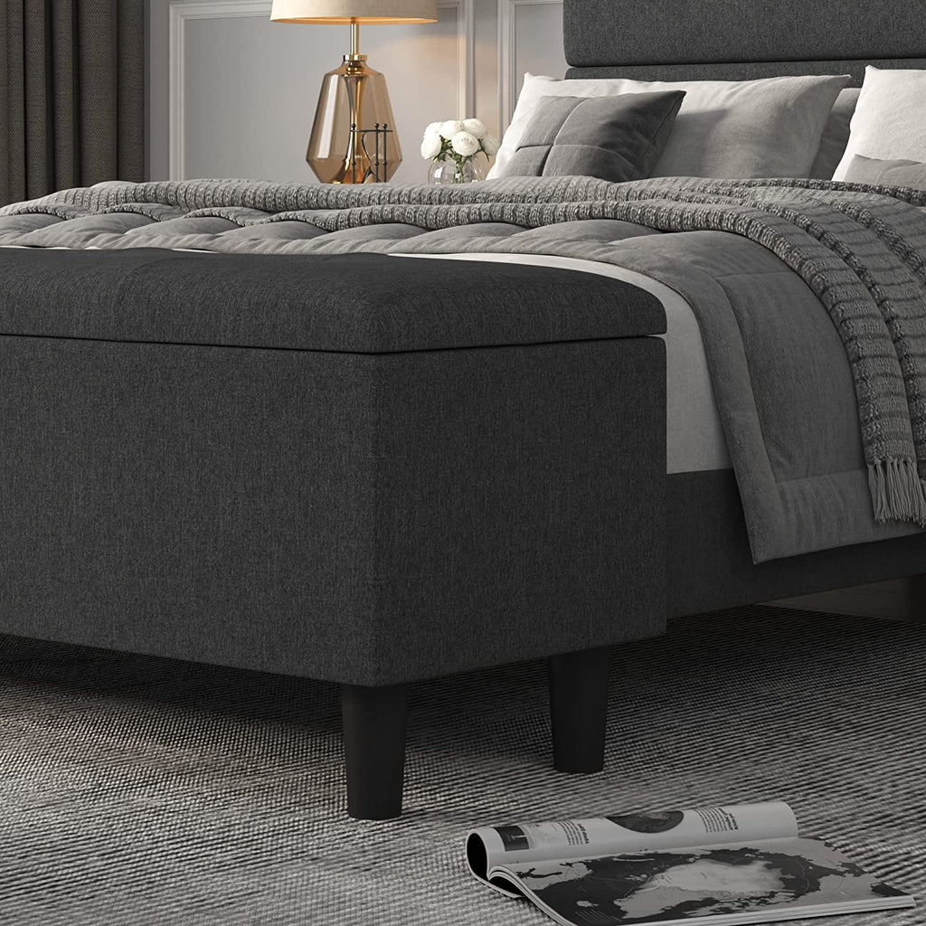 Queen Size Upholstered Platform Bed Frame with Storage Bench, Dark Grey J473386