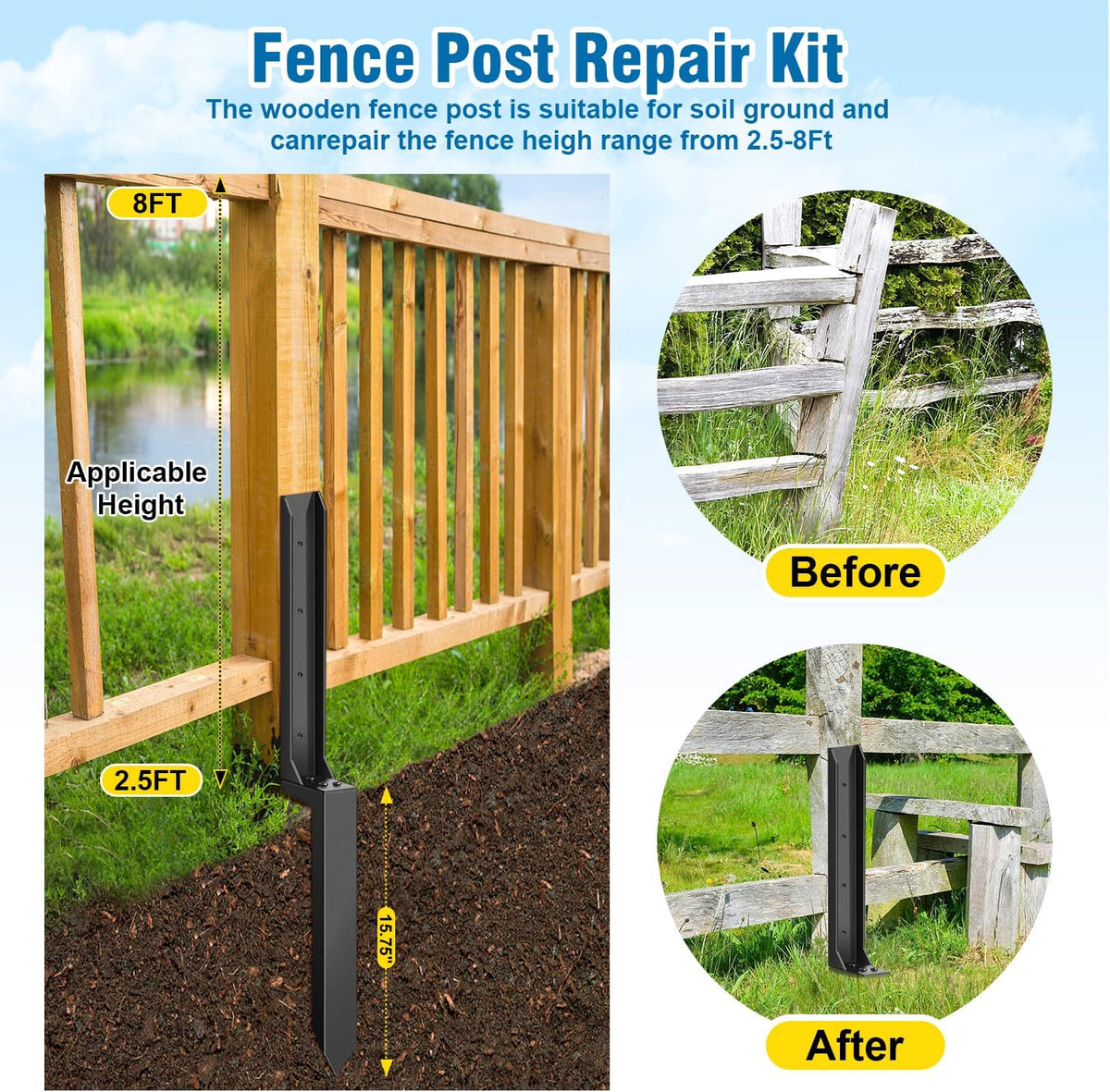 2 Pcs Heavy Duty Fence Post Repair Kit T652166