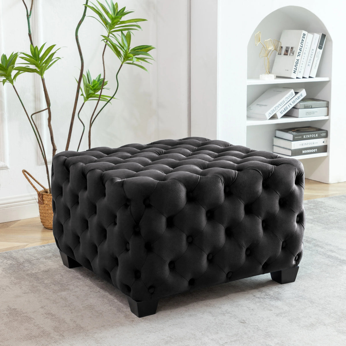 Black Velvet Tufted Square Ottoman with Rubberwood Legs A304049