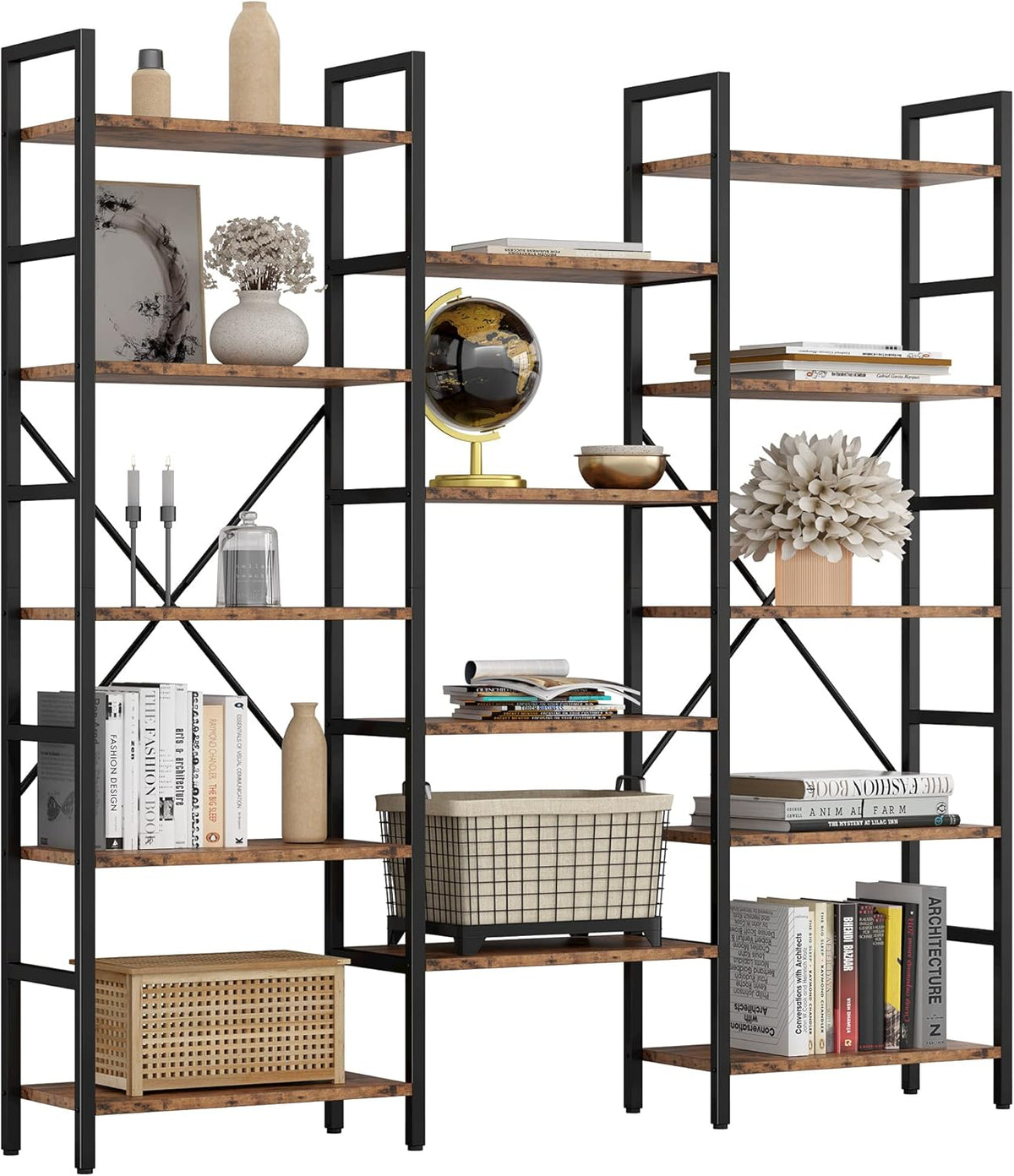 Triple Wide 5 Tiers Industrial Bookshelf with Metal Frame X10419