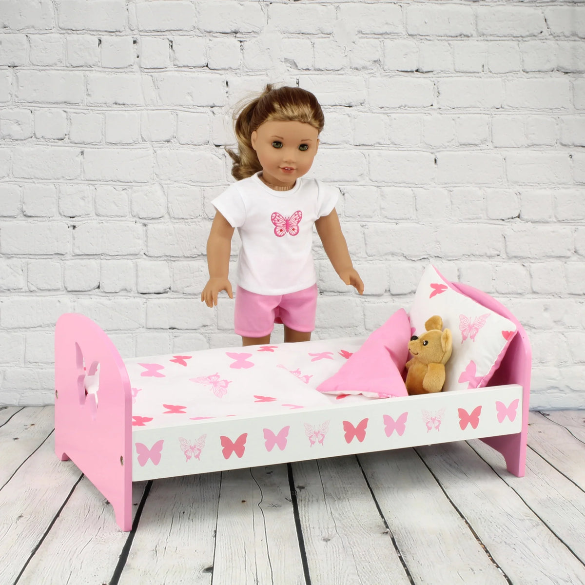 18 Inch Doll Bed with Matching Doll PJs Pajamas and 3 Piece Reversible Doll Bedding Set B3511