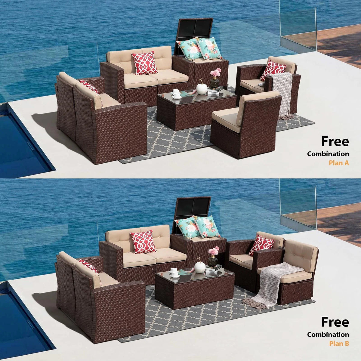 8 Pc Wicker Rattan Outdoor Furniture Set with Storage Box O119