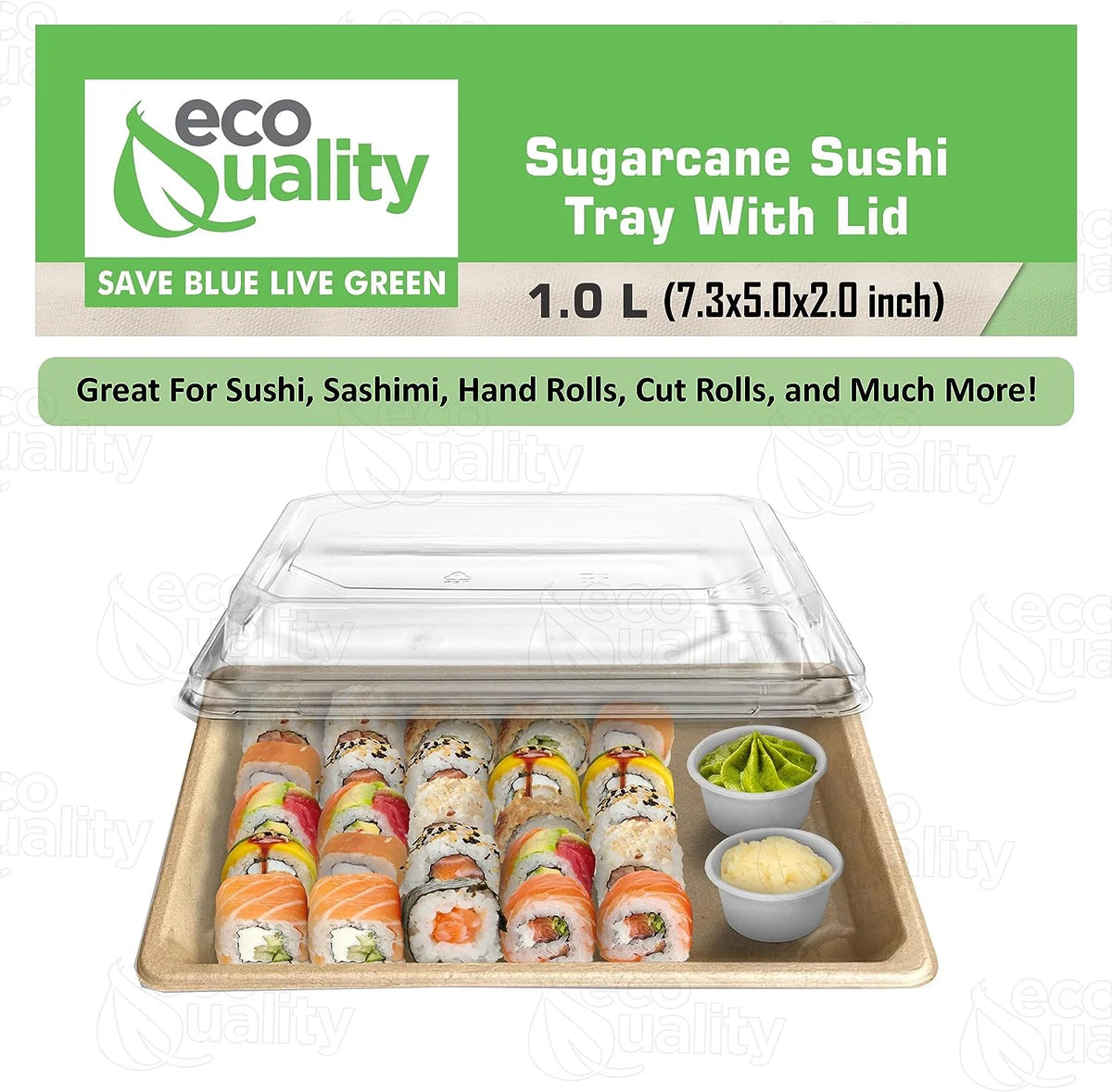 100 PACK Compostable Sugarcane Sushi Trays with Lids D95782