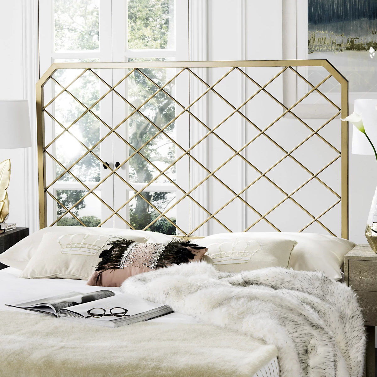 Queen Antique Gold Metal Mesh Headboard N548467