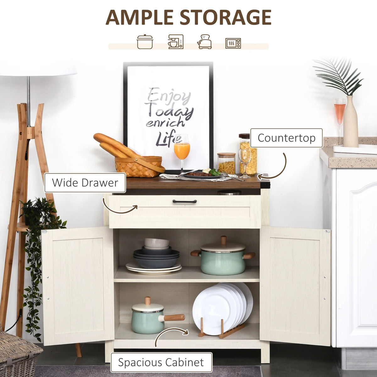 White Wooden Sideboard Buffet Cabinet with Drawer and Adjustable Shelf C64494