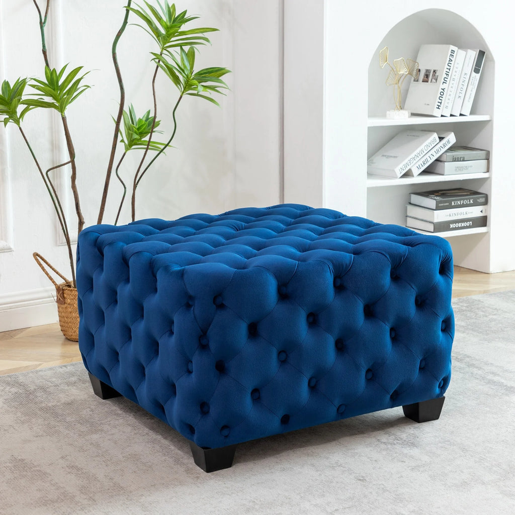 Black Velvet Tufted Square Ottoman with Rubberwood Legs A304049