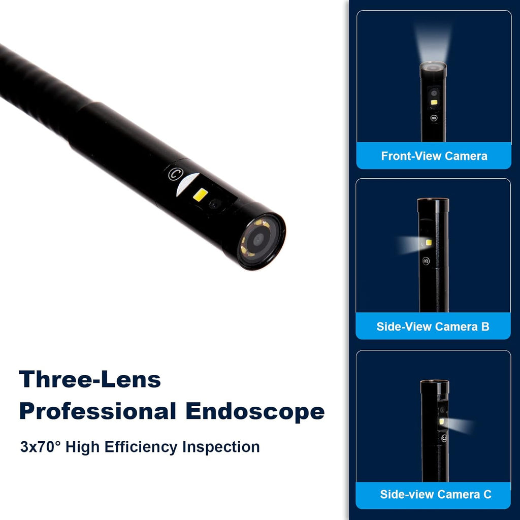 Triple-Lens Borescope Inspection Camera with Light, 1080P HD 7.9mm IP67 Waterproof, 16.4Ft Cable, 5 IPS Screen J832456
